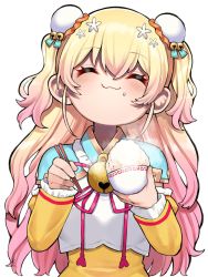 Rule 34 | 1girl, :3, ^ ^, bell, blonde hair, blush, bowl, bun cover, chopsticks, closed eyes, double bun, facing viewer, food, food on face, gradient hair, hair bun, highres, holding, holding bowl, holding chopsticks, hololive, jingle bell, long hair, long sleeves, mikan (chipstar182), momosuzu nene, multicolored hair, rice, rice bowl, rice on face, simple background, smile, solo, textless version, upper body, virtual youtuber, white background