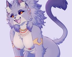 Rule 34 | 1girl, alternate form, animal ears, armlet, black sclera, bracelet, breasts, cat ears, cat girl, cat tail, claws, colored sclera, earrings, fangs, froste, furry, isabella (seiken densetsu 3), jewelry, necklace, nipples, open mouth, purple fur, purple hair, red eyes, seiken densetsu, seiken densetsu 3, signature, slit pupils, tail