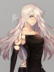 Rule 34 | 1girl, android, blue eyes, breasts, character name, collarbone, drag-on dragoon, elbow gloves, eyelashes, gloves, hair over one eye, highres, long hair, looking at viewer, mole, mole under mouth, nahonanaho, nier (series), nier:automata, patterned clothing, sleeveless, solo, tank top, text focus, white hair, a2 (nier:automata)