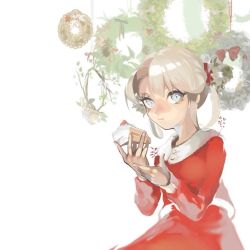 Rule 34 | 1girl, bad id, bad twitter id, blonde hair, blue eyes, cake, christmas ornaments, food, looking at viewer, ohisashiburi, original, pastry, short hair, simple background, solo, twintails, white background