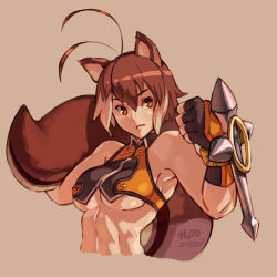 Rule 34 | 1girl, 2013, abs, animal ears, antenna hair, arc system works, bare shoulders, blazblue, blazblue: continuum shift, breasts, brown eyes, brown hair, crop top, dated, fingerless gloves, gloves, junkpuyo, large breasts, makoto nanaya, midriff, multicolored hair, navel, revealing clothes, short hair, simple background, solo, squirrel ears, squirrel tail, tail, toned, tonfa, two-tone hair, underboob, upper body, weapon