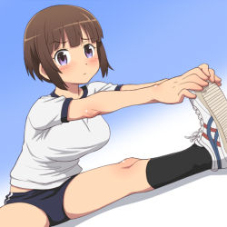 Rule 34 | 1girl, blush, breasts, brown hair, buruma, commentary request, exercising, female focus, foot grab, gradient background, large breasts, looking at viewer, meow (nekodenki), original, puffy short sleeves, puffy sleeves, purple eyes, shirt, short sleeves, solo, spread legs