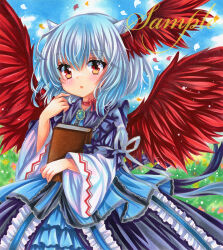 Rule 34 | 1girl, bird wings, blue dress, blue hair, book, brooch, cowboy shot, curiosities of lotus asia, day, dress, embellished costume, feathered wings, frilled dress, frills, hand up, head wings, holding, holding book, horns, jewelry, light blue hair, long sleeves, looking at viewer, marker (medium), medium hair, outdoors, parted lips, red eyes, red wings, rui (sugar3), sample watermark, single head wing, solo, standing, tokiko (touhou), touhou, traditional media, watermark, white horns, white sleeves, wide sleeves, wings