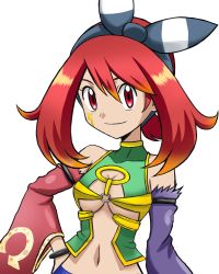 Rule 34 | 1girl, arm at side, armlet, bare shoulders, black ribbon, bracelet, breasts, closed mouth, cowboy shot, creatures (company), detached sleeves, game freak, hair between eyes, hair ribbon, hairband, hand on own hip, jewelry, long hair, may (pokemon), midriff, navel, nintendo, o-ring, orange hair, pokemon, pokemon adventures, ponytail, red eyes, revealing clothes, ribbon, may (pokemon), smile, solo, stomach, takecha, tareme, tattoo, transparent background, twintails, underboob