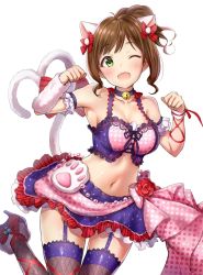 Rule 34 | 10s, 1girl, ;d, animal ears, arm warmers, armband, armpit peek, bare shoulders, bell, bow, breasts, brown hair, cat ears, cat tail, cleavage, clenched hands, collar, fake animal ears, fang, frilled skirt, frills, garter straps, green eyes, hair bow, hands up, heart, heart tail, high heels, highres, idolmaster, idolmaster cinderella girls, jumping, looking at viewer, maekawa miku, medium breasts, midriff, navel, neck bell, one eye closed, open mouth, paw pose, ponytail, red bow, short hair, simple background, single arm warmer, skirt, smile, solo, stomach, tail, takeashiro, thighhighs, white background, wristband