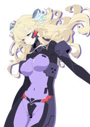 Rule 34 | 1girl, blonde hair, blue bow, blue eyes, bodysuit, bow, breasts, covered navel, floating hair, fortified suit, hair bow, half-closed eyes, highres, impossible bodysuit, impossible clothes, kamon rider, liz hohenstein, long hair, looking down, medium breasts, muv-luv, muv-luv alternative, parted lips, schwarzesmarken, skin tight, solo, striped, striped bow, two side up, white background, white bow