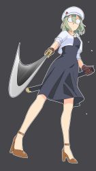 Rule 34 | 1girl, absurdres, black dress, blue eyes, borrowed character, breasts, brown footwear, brown gloves, cabbie hat, cropped jacket, dress, glasses, gloves, green hair, grey background, hair between eyes, hat, high heels, highres, holding, holding sheath, holding sword, holding weapon, inu chikushou, jacket, katana, long sleeves, opaque glasses, open clothes, open jacket, original, round eyewear, sheath, shoes, simple background, small breasts, solo, standing, sword, unsheathed, v-shaped eyebrows, weapon, white hat, white jacket, yunomiya agari
