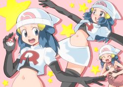 Rule 34 | 1girl, beanie, black thighhighs, blue eyes, blue hair, blush, cosplay, creatures (company), crop top, dawn (pokemon), elbow gloves, game freak, gloves, hainchu, hair ornament, hairclip, hat, holding, holding poke ball, jessie (pokemon), jessie (pokemon) (cosplay), long hair, looking at viewer, midriff, miniskirt, multiple views, navel, nintendo, open mouth, pink background, poke ball, poke ball (basic), pokemon, pokemon (anime), pokemon dppt (anime), red scarf, scarf, shirt, skirt, sleeveless, sleeveless shirt, star (symbol), starry background, team rocket, thighhighs