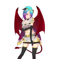 Rule 34 | 1girl, ama mitsuki, aqua hair, blonde hair, breasts, character request, cleavage, demon girl, demon tail, demon wings, gradient hair, grin, highres, looking at viewer, midriff, multicolored hair, navel, necktie, official art, parted lips, pink eyes, purple eyes, purple hair, short sleeves, smile, solo, standing, tail, thighhighs, transparent background, uchi no hime-sama ga ichiban kawaii, wings