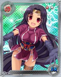 Rule 34 | 1girl, black hair, breasts, card (medium), dress, elbow gloves, fundoshi, gloves, headband, hikage eiji, japanese clothes, koihime musou, kunai, long hair, official art, open mouth, outstretched arms, outstretched hand, red eyes, short dress, shuutai, side slit, smile, solo, thigh strap, very long hair, weapon