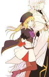 Rule 34 | 1girl, artoria caster (fate), artoria caster (second ascension) (fate), artoria pendragon (fate), belt, belt buckle, blonde hair, blush, breasts, buckle, fate/grand order, fate (series), feet out of frame, gloves, green eyes, hat, high heels, highres, long hair, long sleeves, looking at viewer, merlin (fate), pantyhose, sakanomachico, skirt, small breasts, smile, white hair