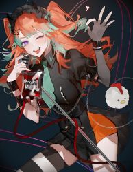 Rule 34 | 1girl, absurdres, alternate costume, alternate hairstyle, bird, blood, blood bag, chain, chicken, elbow gloves, fingerless gloves, gloves, gradient hair, green hair, highres, hololive, hololive english, microphone, misu (miisuuu), multicolored hair, necktie, one eye closed, open mouth, orange hair, piercing, pleated skirt, purple eyes, side slit, single elbow glove, single fingerless glove, single glove, skirt, solo, striped clothes, striped thighhighs, takanashi kiara, thighhighs, tongue, tongue out, tongue piercing, twintails, virtual youtuber