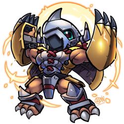 Rule 34 | 1boy, armor, arms up, artist logo, aura, chibi, commentary, crotch plate, cwdw, digimon, digimon (creature), dragon, energy, english commentary, full body, green eyes, highres, horns, looking at viewer, looking down, mechanical wings, orange skirt, red hair, simple background, skirt, solo, wargreymon, white background, wings, yellow armor