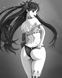 Rule 34 | 1girl, :d, absurdres, adjusting clothes, adjusting swimsuit, armlet, ass, back, bikini, black bikini, butt crack, curvy, earrings, elbow gloves, fate/grand order, fate (series), floating hair, from behind, gloves, greyscale, hair ribbon, highres, hoop earrings, huge ass, ishtar (fate), jewelry, l2tp, long hair, looking to the side, mismatched bikini, monochrome, open mouth, ribbon, single elbow glove, single thighhigh, skindentation, smile, sparkle, swimsuit, thigh gap, thighhighs, thong, two side up, very long hair, wedgie, wide hips