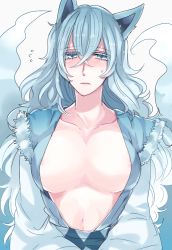 Rule 34 | 1girl, alolan form, alolan ninetales, areola slip, asame21, bad id, bad pixiv id, blue eyes, blue hair, blush, breasts, collarbone, creatures (company), game freak, gen 7 pokemon, large breasts, long hair, looking at viewer, nintendo, nipples, open clothes, personification, pokemon, solo, sweatdrop, very long hair