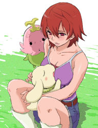 Rule 34 | 1girl, angry, artist request, belt, between breasts, blush, boots, breasts, camisole, cleavage, denim, denim shorts, digimon, digimon (creature), digimon savers, fujieda yoshino, grass, lalamon, plotmon, red eyes, red hair, short hair, shorts, sitting