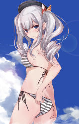 Rule 34 | 1girl, ass, beret, bikini, black hat, blue eyes, blue sky, blush, breasts, butt crack, cloud, commentary request, contrail, cowboy shot, day, from behind, halterneck, hat, kantai collection, kashima (kancolle), lens flare, long hair, looking at viewer, looking back, medium breasts, outdoors, side-tie bikini bottom, sideboob, sidelocks, silver hair, sky, solo, standing, string bikini, striped bikini, striped clothes, swimsuit, tsurime, twintails, wavy hair, yumesato makura