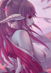 Rule 34 | 1girl, au ra, warrior of light (ff14), blue eyes, blurry, blurry background, blurry foreground, breasts, brown hair, closed mouth, commentary, dragon horns, english commentary, eyeshadow, final fantasy, final fantasy xiv, horns, japanese clothes, kimono, large areolae, lips, long hair, looking at viewer, makeup, medium breasts, nipples, off shoulder, outdoors, petals, ponytail, profile, sagging breasts, scales, solo, soranamae, upper body, wind