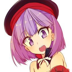 Rule 34 | 1girl, bad id, bad pixiv id, bare shoulders, face, fate/grand order, fate (series), hat, helena blavatsky (fate), looking at viewer, open mouth, purple eyes, purple hair, shinwota, short hair, smile, solo, white background