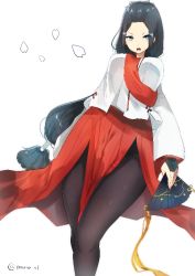 Rule 34 | :o, bad anatomy, black hair, black pantyhose, blue eyes, breasts, hand fan, hikage (sennen sensou aigis), holding, holding fan, long hair, long sleeves, looking at viewer, low-tied long hair, pantyhose, red skirt, sennen sensou aigis, sidelocks, simple background, skirt, solo, standing, thighs, thousa 01, twitter username, very long hair, white background