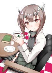 Rule 34 | 1girl, bike shorts, black shorts, blush, book, boots, brown hair, checkered floor, closed mouth, coffee, coffee mug, commentary request, cup, green skirt, grey thighhighs, hair between eyes, headgear, highres, holding, holding cup, kantai collection, kirigakure (kirigakure tantei jimusho), long hair, long sleeves, looking at viewer, looking to the side, mug, pleated skirt, red eyes, saucer, short shorts, shorts, shorts under skirt, sitting, skirt, smile, solo, spoon, table, taihou (kancolle), thighhighs, white background