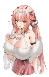 Rule 34 | 1girl, arknights, bare shoulders, blunt bangs, blush, breasts, cleavage, commentary, criss-cross halter, erato (arknights), fang, feather boa, feather hair, green eyes, hair ornament, hair wings, halterneck, heart, highres, holding, holding removed eyewear, horn/wood, huge breasts, long hair, looking at viewer, low twintails, open mouth, pink skirt, pom pom (clothes), pom pom hair ornament, simple background, skin fang, skirt, smile, solo, twintails, unworn eyewear, white background, white headwear