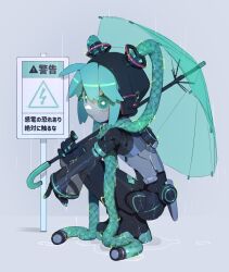 Rule 34 | 1girl, aqua eyes, aqua hair, bright pupils, cable hair, cheri zao, full body, grey background, grey shirt, hatsune miku, highres, holding, holding umbrella, long hair, looking at viewer, rain, robot girl, see-through, see-through sleeves, shirt, shoulder tattoo, solo, squatting, tattoo, translation request, twintails, umbrella, very long hair, vocaloid