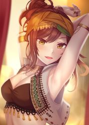 Rule 34 | 1girl, :d, armlet, armpits, arms behind back, arms up, black bra, blurry, blurry background, bra, bracelet, breasts, brown hair, choker, cleavage, curtains, dancer, highres, idolmaster, idolmaster shiny colors, jewelry, long hair, looking at viewer, medium breasts, open mouth, osaki amana, ring, rocky0206, smile, solo, strapless, strapless bra, swept bangs, underwear, upper body, yellow eyes