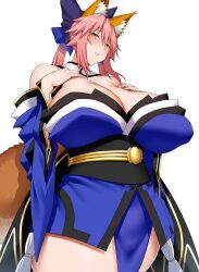 Rule 34 | 1girl, absurdres, animal ear fluff, animal ears, arind yudha, bare shoulders, blush, breasts, fate/extra, fate (series), fox ears, fox girl, fox tail, hair ornament, hands on own chest, highres, huge breasts, japanese clothes, long hair, off shoulder, parted lips, pelvic curtain, pink hair, simple background, solo, tail, tamamo (fate), tamamo no mae (fate/extra), white background, yellow eyes