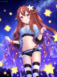 Rule 34 | 1girl, animal ears, artist name, aurora, bad id, bad pixiv id, bangle, bare shoulders, black choker, black ribbon, black shirt, black shorts, blouse, blue shirt, blush, bracelet, breasts, brown hair, cat ears, choker, cleavage, commentary request, commission, crescent, crop top, cutoffs, flower, gluteal fold, hair between eyes, hair flaps, hair flower, hair ornament, hair ribbon, highleg, highleg panties, highres, holding, jewelry, long hair, long sleeves, looking at viewer, medium breasts, midriff, milky way, multicolored hair, nami (nyaa), navel, night, night sky, off-shoulder shirt, off shoulder, original, panties, parted lips, red eyes, red panties, ribbon, shirt, short shorts, shorts, sky, smile, solo, standing, star (sky), starry sky, stomach, streaked hair, striped clothes, striped thighhighs, thighhighs, thighs, transparent, underwear, very long hair, virtual youtuber, white flower, white hair, wide sleeves