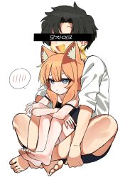 Rule 34 | 1boy, 1girl, absurdres, animal ear fluff, animal ears, barefoot, black camisole, black hair, black shorts, blue archive, blue eyes, blush, camisole, cat ears, closed mouth, halo, highres, long hair, mari (blue archive), open mouth, orange hair, sensei (blue archive), sensei (blue archive the animation), shirt, short hair, short sleeves, shorts, simple background, smile, spoken blush, toes, white background, white shirt, yellow halo