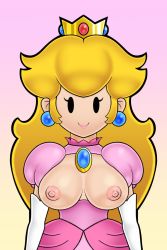Rule 34 | 1girl, black eyes, black outline, blank eyes, blonde hair, breasts, breasts out, brooch, crown, dress, earrings, elbow gloves, eyelashes, facing viewer, gloves, gradient background, highres, jewelry, large breasts, lips, long hair, looking at viewer, mario (series), mob face, nintendo, nipples, no nose, outline, paper mario, pink background, pink dress, pink lips, princess peach, puffy short sleeves, puffy sleeves, short sleeves, sleepiitreat, solo, sphere earrings, straight-on, white gloves, yellow background