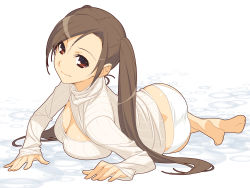 Rule 34 | 1girl, ass, barefoot, bottomless, breasts, brown eyes, brown hair, cleavage, female focus, full body, highres, ino (magloid), kousaka rino, large breasts, long hair, long sleeves, lying, meme attire, no pants, open-chest sweater, otome function, panties, parted bangs, ribbed sweater, sleeves past wrists, smile, solo, sweater, twintails, underwear, white panties
