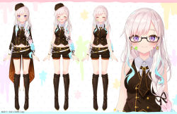 Rule 34 | 1girl, airani iofifteen, airani iofifteen (3rd costume), airani iofifteen (military casual), black headwear, black shorts, blush, boots, braid, character sheet, closed eyes, commentary request, crescent, crescent earrings, earrings, glasses, gradient hair, hat, hololive, hololive indonesia, jewelry, long hair, midriff, multicolored hair, navel, necktie, official alternate costume, official art, open mouth, paintbrush, purple eyes, shorts, smile, star (symbol), star and crescent, star earrings, star in eye, symbol in eye, virtual youtuber, wing collar, yano mitsuki (nanairo)