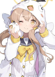 Rule 34 | 1girl, black sailor collar, blue archive, blush, buttons, cardigan, closed mouth, hair between eyes, halo, hifumi (blue archive), highres, hood, hood up, hooded jacket, jacket, light brown hair, long hair, long sleeves, low twintails, miya kazutomo, one eye closed, sailor collar, simple background, solo, twintails, upper body, white background, white cardigan, white jacket, yellow eyes, yellow halo