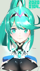 Rule 34 | 1girl, breasts, closed mouth, earrings, female focus, gem, green eyes, green hair, hair ornament, headpiece, jewelry, long hair, looking at viewer, matching hair/eyes, nintendo, pneuma (xenoblade), ponytail, sasaki tomomi, simple background, smile, solo, swept bangs, tiara, xenoblade chronicles (series), xenoblade chronicles 2