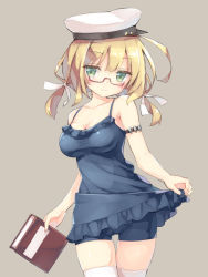 Rule 34 | 10s, 1girl, armband, backwards hat, bare shoulders, blonde hair, blush, book, breasts, brown background, cleavage, collarbone, cowboy shot, female focus, frilled swimsuit, frills, glasses, green eyes, grey background, hair ribbon, hat, head tilt, holding, i-8 (kancolle), jpeg artifacts, kani biimu, kantai collection, light smile, long image, looking at viewer, low twintails, mole, nontraditional school swimsuit, one-piece swimsuit, peaked cap, personification, red-framed eyewear, ribbon, rimless eyewear, school swimsuit, semi-rimless eyewear, simple background, skirt hold, smile, solo, standing, swimsuit, swimsuit under clothes, tall image, taut clothes, taut swimsuit, thigh gap, thighhighs, thighs, twintails, under-rim eyewear, white thighhighs, zettai ryouiki