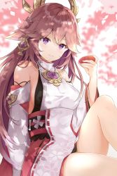 Rule 34 | 1girl, animal ears, blurry, cherry blossoms, commentary request, cup, depth of field, detached sleeves, fox ears, fox girl, genshin impact, hair between eyes, hair ornament, highres, holding, holding cup, japanese clothes, knee up, long hair, long sleeves, looking at viewer, nontraditional miko, petals, pink hair, purple eyes, ribbon-trimmed sleeves, ribbon trim, sakazuki, sidelocks, sitting, smile, solo, tree shade, user pwth2328, wide sleeves, yae miko