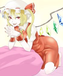 Rule 34 | 1girl, bad id, bad pixiv id, blonde hair, fangs, female focus, flandre scarlet, hat, long hair, nail polish, red eyes, side ponytail, skirt, skirt set, solo, somsom, steepled fingers, touhou, wings, wrist cuffs