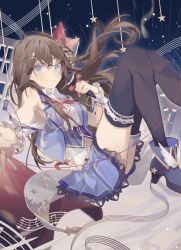 Rule 34 | absurdres, blue eyes, blue footwear, blue skirt, blue vest, brown eyes, brown hair, chain, crop top, cropped shirt, cropped vest, diamond (shape), fold-over boots, frilled cuffs, frills, gold chain, hair ornament, hairclip, highres, hololive, idol, long hair, neck ribbon, pleated skirt, red ribbon, ribbon, shirt, skirt, solo, star (symbol), star hair ornament, tokino sora, tokino sora (1st costume), vest, virtual youtuber, white shirt, winged footwear, wrist cuffs, yuan haruka