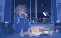Rule 34 | 1girl, backpack, bag, barefoot, game console, indoors, lamp, night, official art, pajamas, radio, solo, window