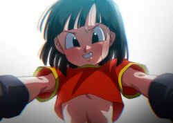 1girl black_eyes black_gloves black_hair blush clenched_teeth commentary_request dragon_ball dragon_ball_gt gloves grey_background looking_at_viewer navel no_headwear pan_(dragon_ball) pov red_shirt rom_(20) shirt short_hair short_sleeves simple_background smile teeth