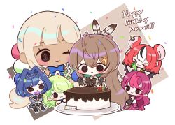 Rule 34 | &gt; &lt;, 6+girls, :&gt;, :3, ahoge, antlers, berry, birthday, black eyes, blonde hair, blue hair, bow, bow earrings, branch, brown capelet, brown cloak, brown hair, cake, cape, capelet, ceres fauna, chain, chain headband, chibi, chocolate cake, cloak, confetti, earrings, english text, feather hair ornament, feathers, food, gloves, green hair, hair ornament, hairclip, hakos baelz, happy birthday, head chain, heart, highres, holocouncil, hololive, hololive english, horns, irys (hololive), jewelry, long hair, multicolored hair, multiple girls, nanashi mumei, one eye closed, ouro kronii, partially fingerless gloves, party popper, planet hair ornament, ponytail, purple hair, red hair, ribbon, shirt, smol baelz, smol fauna, smol irys, smol kronii, smol mumei, smol sana, streaked hair, tsukumo sana, very long hair, vinca 99, virtual youtuber, white shirt