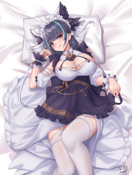 Rule 34 | 1girl, :q, apron, aqua eyes, azur lane, bed sheet, black hair, breasts, cheshire (azur lane), cleavage, detached sleeves, dress, frilled hairband, frilled headband, frilled ribbon, frills, garter straps, hairband, highres, large breasts, long ribbon, looking at viewer, lying, maid, maid headdress, multicolored hair, on back, paw pose, pillow, puffy detached sleeves, puffy sleeves, ribbon, short hair, smile, solo, streaked hair, thighhighs, tongue, tongue out, wei xiao, white thighhighs, wrist cuffs