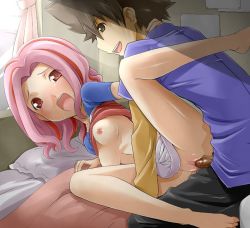 Rule 34 | 1boy, 1girl, barefoot, bed, bedroom, breasts, brown eyes, brown hair, chicago-x, clitoris, clothed sex, digimon, digimon adventure 02, feet, hetero, indoors, multicolored hair, nipples, penis, pink eyes, pink hair, pussy, red hair, sex, smile, spooning, sweat, tachikawa mimi, uncensored, vaginal, yagami taichi
