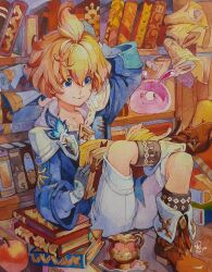 Rule 34 | 1boy, absurdres, ahoge, apple, blonde hair, blue eyes, bookshelf, brown footwear, closed mouth, commentary request, cup, food, fruit, genshin impact, gloves, highres, male focus, mika (genshin impact), pants, philiera, reading, saucer, slime (creature), solo, teacup, white pants