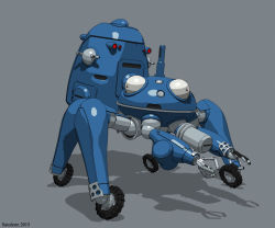 Rule 34 | claws, cyberpunk, ghost in the shell, ghost in the shell stand alone complex, mecha, no humans, robot, satoleon, simple background, solo, spider tank, tachikoma, walker (robot), wheel