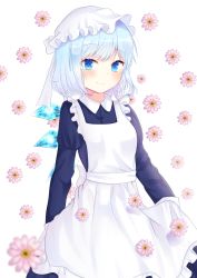 Rule 34 | 1girl, alternate costume, alternate headwear, apron, apron lift, arm behind back, bad id, bad pixiv id, blue dress, blue eyes, blue hair, blurry, blush, cirno, clothes lift, commentary request, cowboy shot, daisy, depth of field, dress, enmaided, floral background, flower, hat, long sleeves, looking at viewer, maid, maid apron, mob cap, nibosi, short hair, simple background, smile, solo, standing, swept bangs, touhou, victorian maid, white background, wing collar, wings
