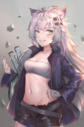 Rule 34 | 1girl, absurdres, animal ears, arknights, bandeau, belt, black belt, black jacket, black shorts, breasts, cleavage, collarbone, commentary, cowboy shot, fingerless gloves, gloves, gradient background, grey background, grey eyes, grey gloves, grin, groin, hair ornament, hairclip, hand on own hip, highres, jacket, lappland (arknights), long hair, long sleeves, looking at viewer, maviss 03, medium breasts, midriff, navel, scar, scar across eye, scar on face, short shorts, shorts, silver hair, smile, solo, standing, stomach, strapless, sword, tube top, very long hair, weapon, wolf ears