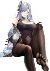 Rule 34 | 1girl, absurdres, black gloves, blue eyes, blush, bodysuit, braid, breasts, clothing cutout, covered navel, elbow gloves, feet, genshin impact, gloves, hair ornament, hair over one eye, highres, hip vent, large breasts, long hair, long sleeves, looking at viewer, low-braided long hair, low-tied long hair, partially fingerless gloves, puffy long sleeves, puffy sleeves, ritalem, shenhe (genshin impact), shoulder cutout, sitting, solo, tabard, tassel, thighs, toes, very long hair, white hair